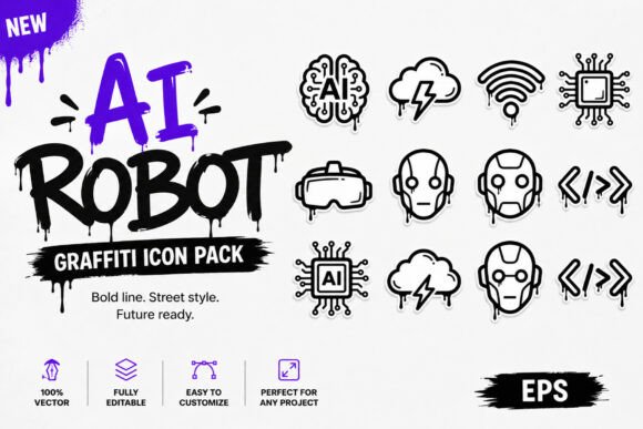 AI Robot Graffiti Icon Pack – Futuristic