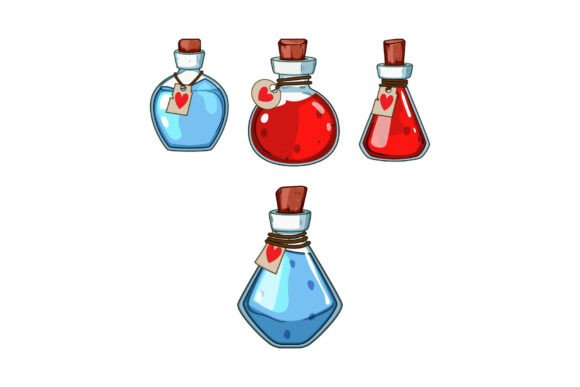 Cartoon Fantasy Potion Bottles with Heart: A Symbol of Health, Vitality, and Healing in Gaming and Fantasy Design