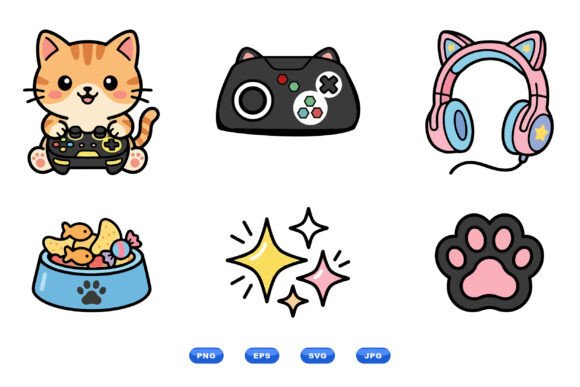Cute Gamer Cat Clipart Set: A Playful Addition to Your Digital Toolkit