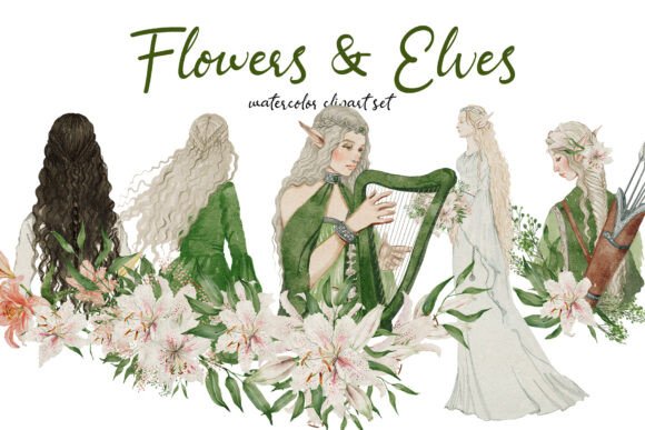 Discover the Enchantment of the Hand-drawn Watercolor Elves Flowers Set
