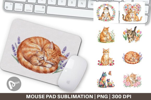 Floral Cat and Kitten Mouse Pad PNG