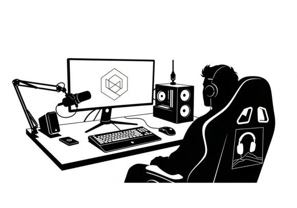 Silhouette Man at Desk Computer Monitor
