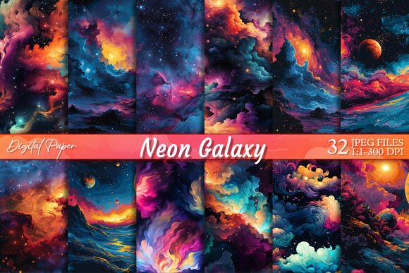 Vibrant Cosmic Nebula Space Backgrounds: Explore the Universe with Neon Galaxy Digital Paper Pack